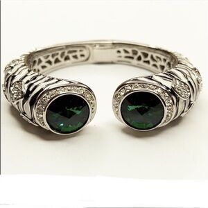 Lovely Silver Zebra Print & Emerald Jeweled Hinged Bracelet! New & Never Worn!